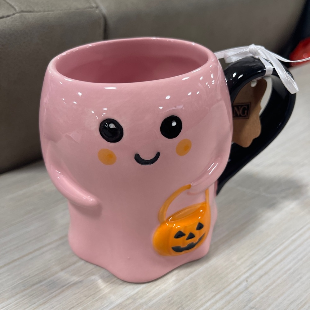 Pink Halloween Pink Ghost w/Jack o’lantern Hand painted Ceramic Coffee mug NWT